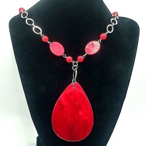 Statement Necklace Red Teardrop Resin Beaded Chain Silver-Tone Links Adjustable